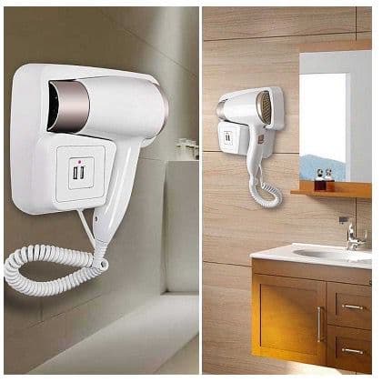 Secador De Cabelo Suporte Parede 1400w Com USB Carrega Celular Banheiro Hotel Pousada Casa 110v 220v