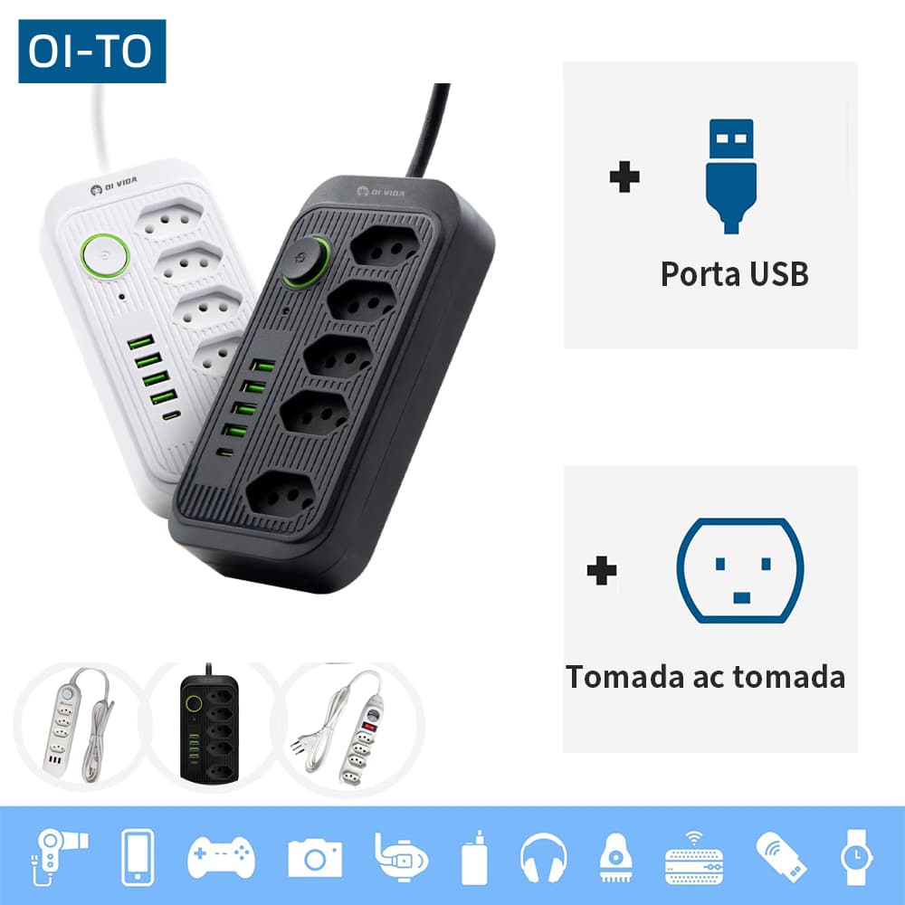 Extensão Elétrica 2m Com 6 Tomadas e 3 Entradas USB com Botão Power Socket 2500W 10A 110v 250v 4 Tomada Filtros de Linha
