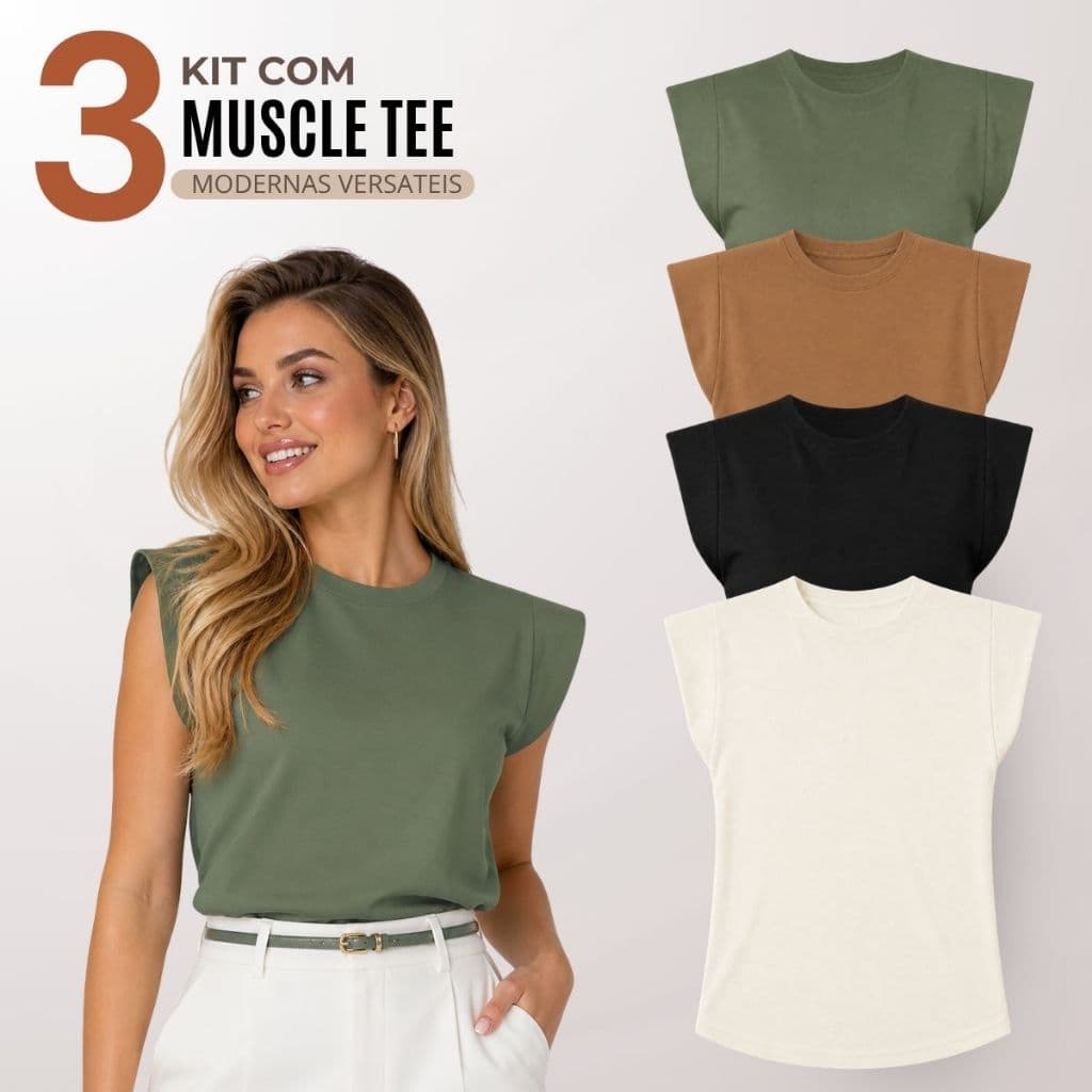 Kit 3 Blusas Feminina Muscle Tee Moderna Casual 100% Algodão - F00
