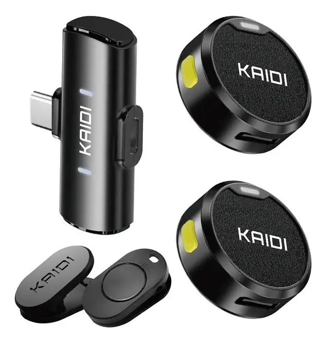 Microfone Lapela Sem Fio Kaidi Com Tipo-C Para Entrevistas e Lives Preto