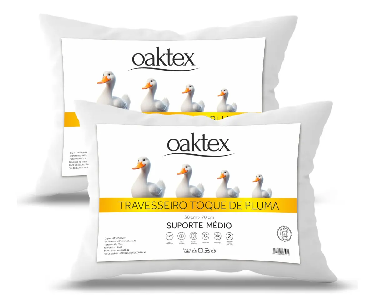 Kit 2 Travesseiros 45x65 Antialérgico Lavável Fibra Siliconada Toque de Pluma