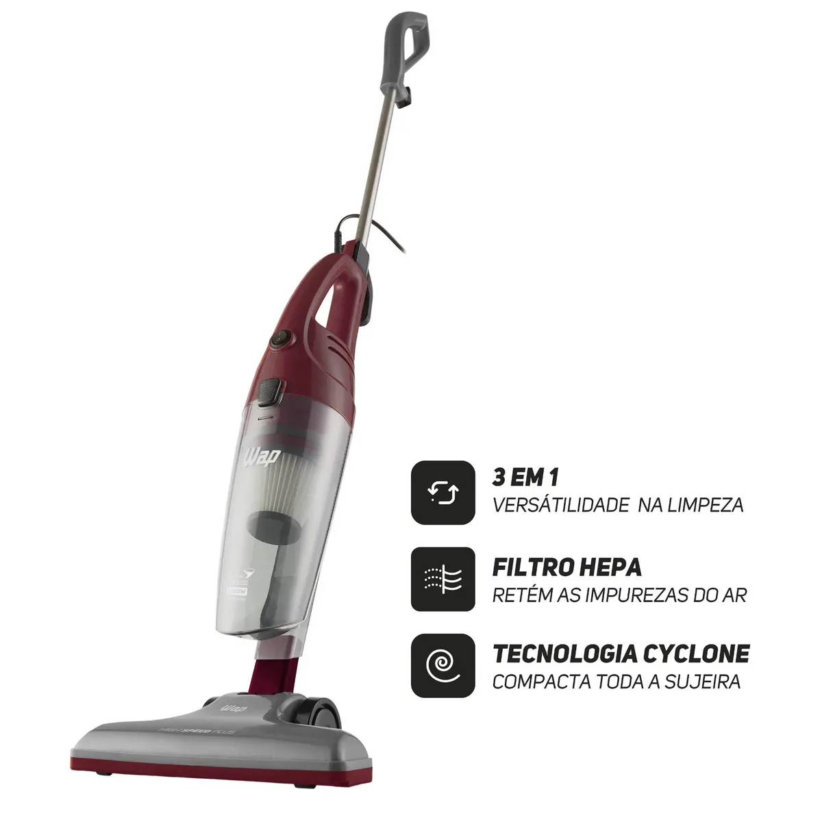 Aspirador De Pó Vertical E Portátil Wap High Speed Plus 1350w 1,2 Litros Filtro Hepa Tecnologia Cyclone 3 Em 1
