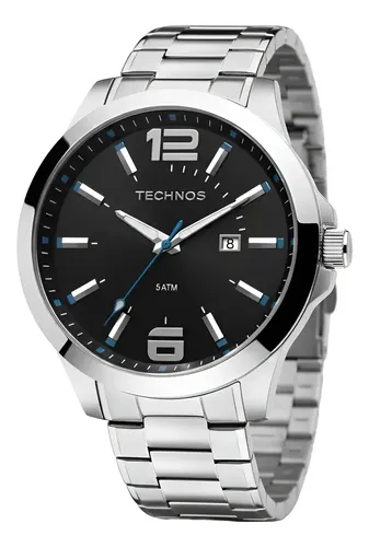 Relógio Masculino Technos de Aço Inoxidável Prata, 45mm, com Calendário