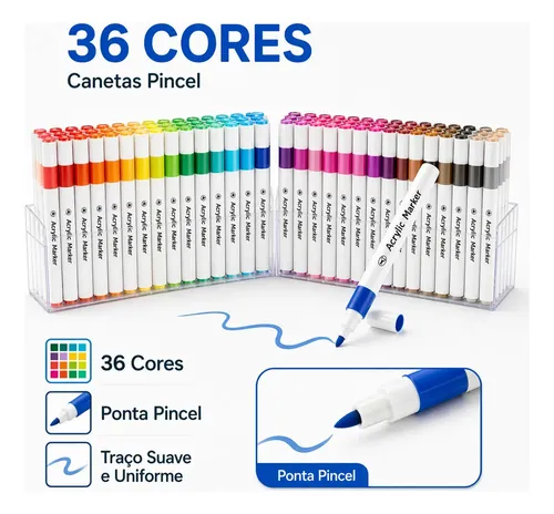Caneta Marcadora Acrílica 36 Cores Canetinha Ponta Pincel Profissional Para Desenho Pintura Colorir Artesanato Madeira Vidro Plástico Metal Resina Scrapbook Marca Texto Estojo