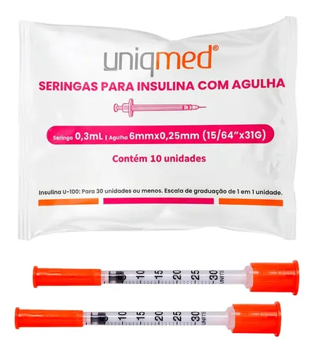 Seringa Insulina 0,3ml 30ui Ag. 6x0,25mm 31g C/ 10un Uniqmed