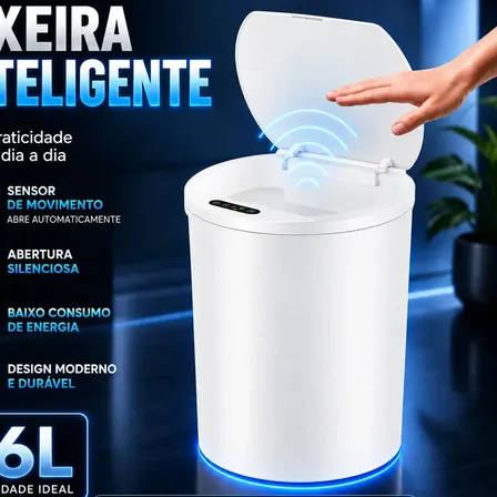 Lixeira Inteligente com Sensor 16L Cor Branco Durável e Moderna para Residencial e Comercial