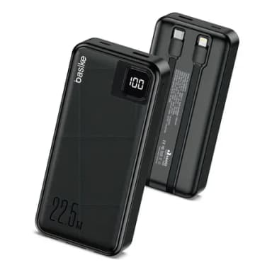 Power Bank Basike 20000mAh Preto, Carga Rápida 22.5W para iPhone e Samsung, Com Cabos Embutidos e Display