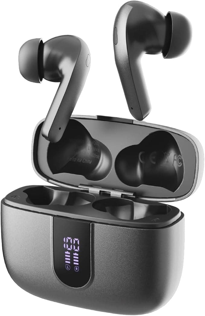 Fone de Ouvido Sem Fio Bluetooth, 40 Horas de Reprodução com Display LED, Estéreo Intra-Auricular Esportivo, IPX5 à Prova D'Água, Suporta chamadas de voz, adequadas para Android e IOS (Cinza) : Amazon.com.br: Eletrônicos