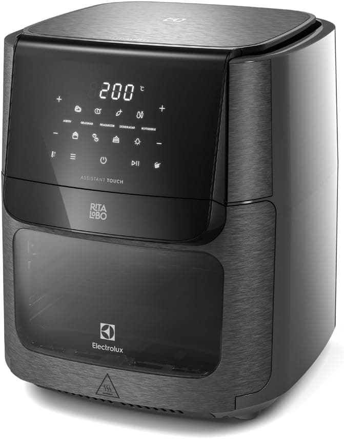 Electrolux Air Fryer Forno 5 x 1 12L 1700W Digital Espeto Giratório 2 Bandejas Antiaderentes 10 funções 7 Receitas aviso sonoro Fritadeira Elétrica sem Óleo Forno Bancada EAF90 Grafite 220V