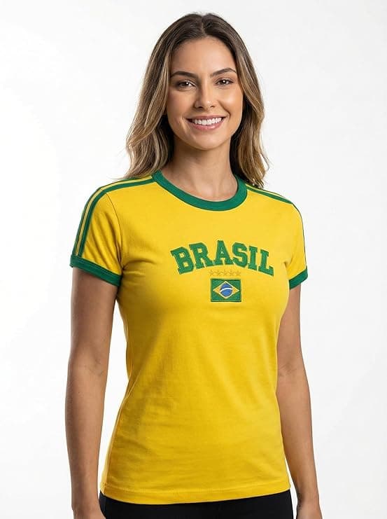 Blusa Brasil Bordada BabyLook Feminina Sem Estado (BR, Alfa, G, Slim, Amarelo)
