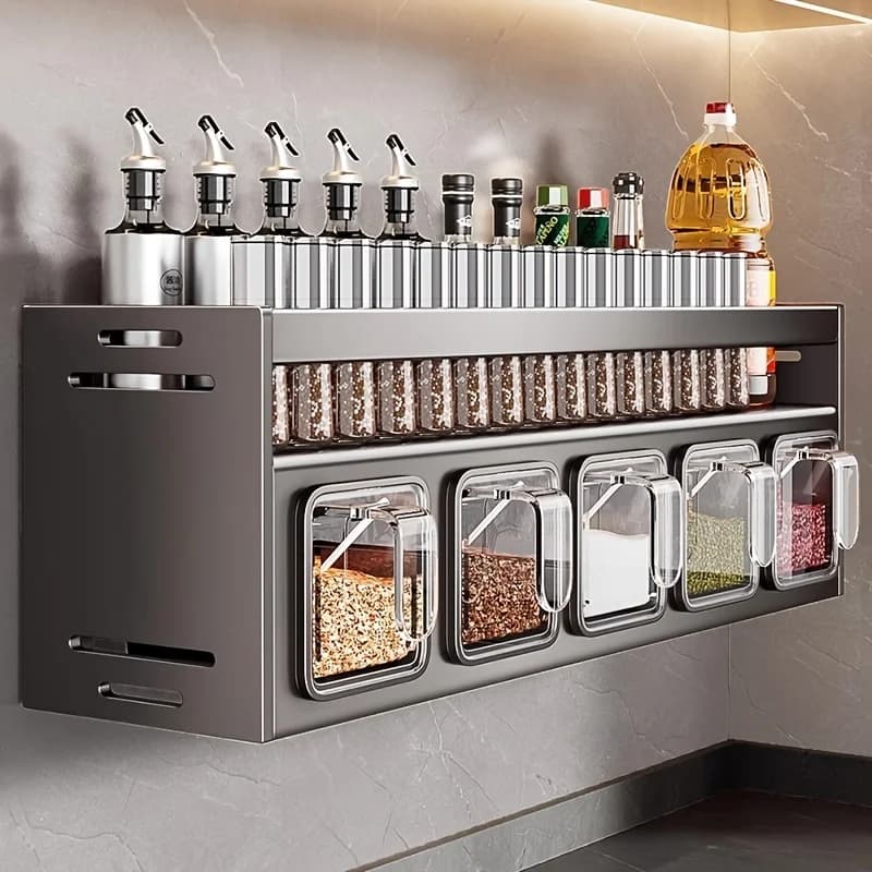 Conjunto de rack de especiarias de cozinha montado na parede sem perfuração com vários frascos selados e dispensadores de colher, organizador de despensa que economiza espaço para H - AliExpress 13