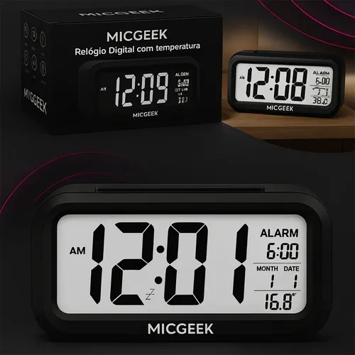 Relógio Despertador Digital Alto De Mesa Cabeceira Temperatura Calendário Com Sensor de Luminosidade MICGEEK