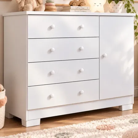 Cômoda Infantil Bréscia Baby 4 Gavetas 1 Porta Sapateira Para Quarto Bebê Criança Organizador Roupas Branca