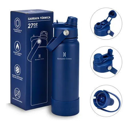 Garrafa Térmica 800ml Inox Bico Duplo Canudo Alça Esporte Azul