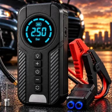 Auxiliar De Partida Bateria Carro Compressor De Ar Portátil 12V 4 funções em 1 Inflador Digital Calibrador Pneu Power Bank Lanterna LED Emergência Automotiva Moto SUV Bicicleta Caminhonete MidiaFone