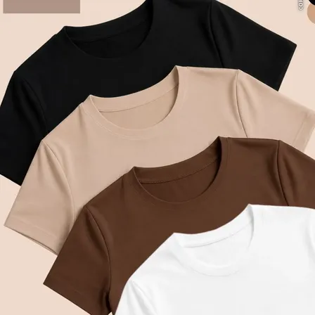 Kit 4 Blusas Feminina Suplex Estilosa T Shirt Básica Casual Preto + Branco + Marrom + Nude Liso P/m (36-38)