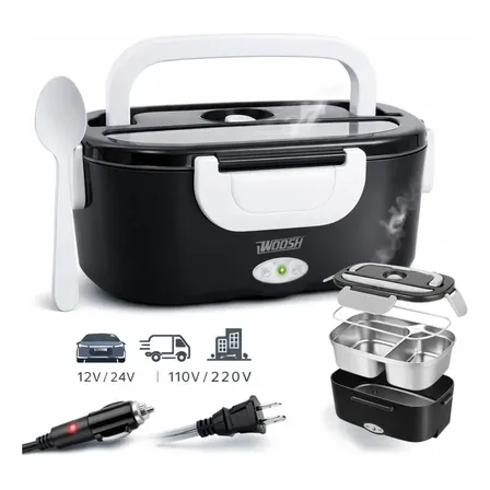 Marmita Elétrica Preta Bivolt Portátil Doméstica 110/220v Veicular 12/24v Lancheira 1.5l Com Divisórias Esquenta Rápido Refeições Práticas Trabalho Casa Carro Caminhão Viagem Faculdade Woosh