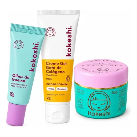 Kit Facial Kokeshi Completo 3 Passos Olhos de Gueixa, Pele de Porcelana e Gota de Colágeno