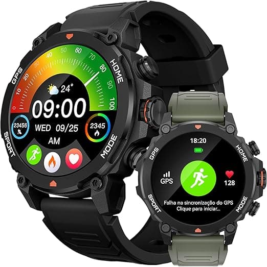 Smartwatch Relogio Inteligente Masculino Relógio Inteligente, GPS 150+ Monitoramento Esportivo, Altímetro Barômetro Bússola, Chamadas Bluetooth, 5ATM a Prova d'Agua, Tela AMOLED 3,6 cm